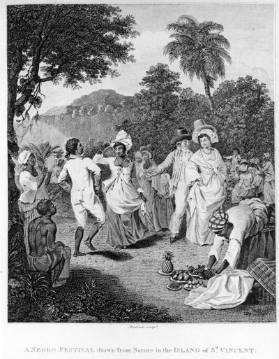 Un festival en la isla de San Vicente, de La Historia, Civil y Comercial, de las Colonias Británicas en las Indias Occidentales por Bryan Edwards, grabado por Philipp Audinet, edición revisada de 1794 de English School