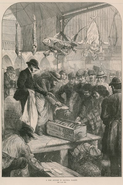 Subasta de pescado en el mercado de Columbia, Londres de English School
