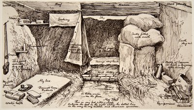 Un piso en mansiones de barro, el Desfile, Francia: un refugio de oficiales británicos, de un boceto por él mismo, de The Illustrated War News de English School