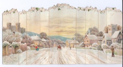 Tarjeta navideña victoriana plegable de un castillo y una iglesia y un hombre llevando una pala en la nieve, c.1880 de English School
