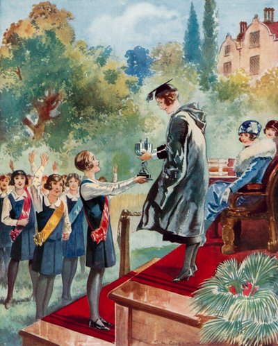 Un triunfo de cuarto curso: una alumna recibe un trofeo (litografía en color) de English School