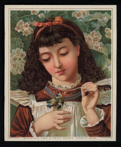 Una niña alimentando a un herrerillo, tarjeta de felicitación de Navidad de English School