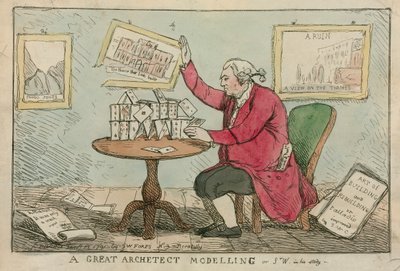 Un gran arquitecto modelando - caricatura de Sir William Chambers, arquitecto de Somerset House de English School