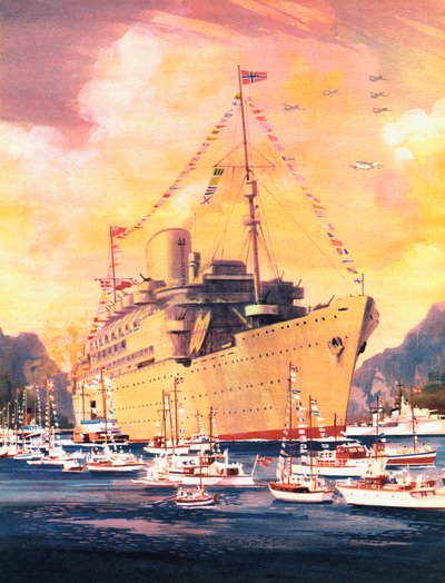 Un gran momento en la historia de la Royal Mail Line, el Andes llega a Oslo en 1945 (litografía en color) de English School