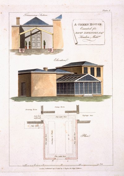 Un invernadero con detalles góticos adjunto a una casa de estilo neoclásico para Richard Dickinson Esq en Hendon, Middlesex, 1806 de English School