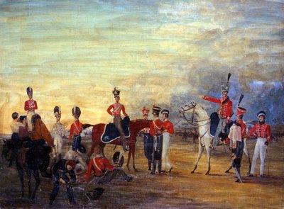 Un grupo de oficiales y hombres montados y desmontados de la Caballería de Yorkshire en varios uniformes, c.1820 de English School