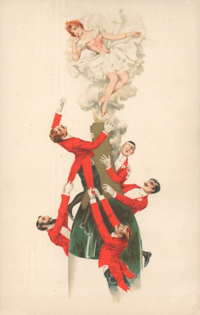 Un grupo de hombres con chaquetas rojas escalando una botella de champán de English School
