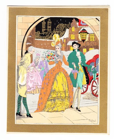 Tarjeta de Navidad francesa pochoir coloreada a mano que representa a un lacayo saludando a un par de visitantes con vestimenta de la Regencia, circa 1920 de English School