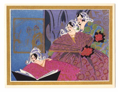 Tarjeta de Navidad francesa a mano alzada que representa a tres damas cantando de un libro de canciones, circa 1920 de English School