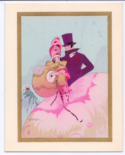 Tarjeta de Navidad francesa pochoir coloreada a mano de una dama de la Regencia con un manguito, acompañada por un caballero con sombrero de copa, circa 1920 de English School