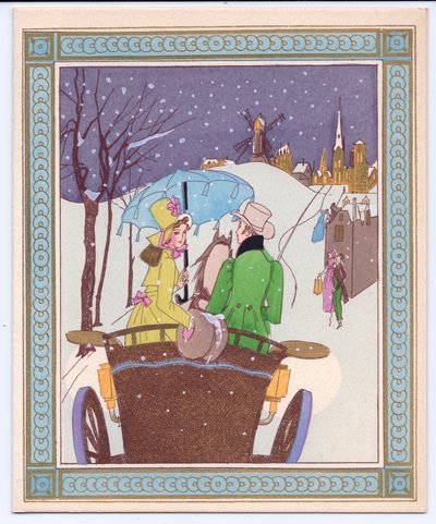 Tarjeta de Navidad Francesa Pochoir coloreada a mano de una pareja de Rencecy en un carruaje abierto atravesando la nieve, circa 1920 de English School