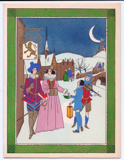 Tarjeta navideña francesa a color de una escena Tudor de músicos callejeros siendo recompensados por su actuación, circa 1920 de English School