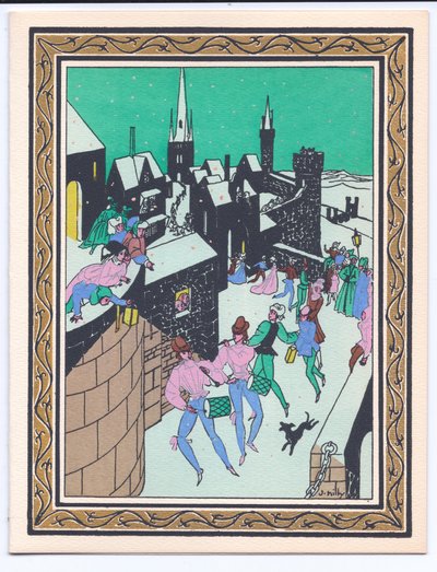 Tarjeta de Navidad francesa pochoir coloreada a mano de un desfile de músicos actuando en las murallas de un castillo, c.1920 de English School