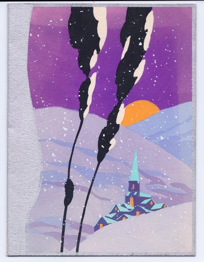 Una tarjeta de Navidad francesa pintada a mano con una escena de nieve en las montañas de un atardecer y una iglesia, circa 1920 de English School