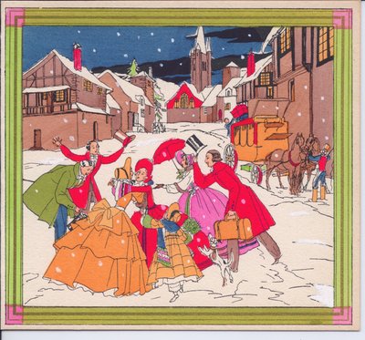 Tarjeta navideña francesa Pochoir coloreada a mano de un grupo victoriano de viajeros con atuendos de invierno saludándose, circa 1920 de English School