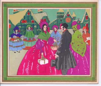 Tarjeta navideña francesa Pochoir coloreada a mano de un grupo de damas con vestidos de crinolina y bonetes conversando con un caballero con sombrero de copa, circa 1920 de English School