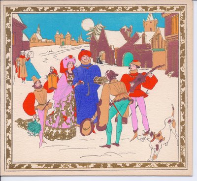 Tarjeta navideña francesa Pochoir coloreada a mano de un par de juglares callejeros isabelinos entreteniendo a un lord y una dama, mientras su paje sostiene una linterna, circa 1920 de English School
