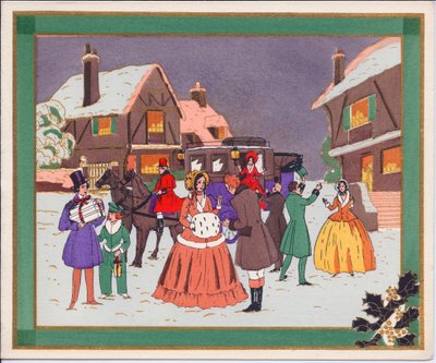 Tarjeta de Navidad francesa pochoir coloreada a mano de una escena de pueblo con un carruaje y caballos, circa 1920 de English School