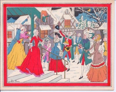 Tarjeta navideña francesa pochoir coloreada a mano de una escena invernal en tiempos Tudor, circa 1920 de English School