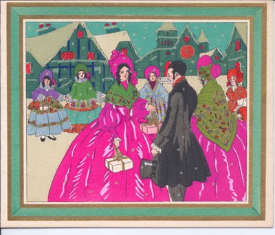 Tarjeta de Navidad francesa a color de damas con vestidos de crinolina y un caballero con levita y sombrero de copa, circa 1920 de English School