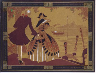 Tarjeta de felicitación francesa pochoir coloreada a mano de una escena veneciana, circa 1920 de English School