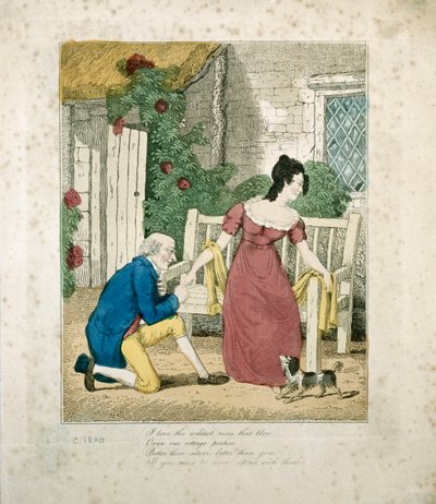 Escena litografiada a mano de un hombre proponiendo, c.1800 de English School