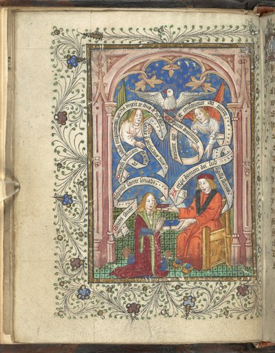 Un alumno arrodillado, quizás representando al autor, Norton, recibiendo un libro de su maestro, con ángeles, pergaminos escritos y una paloma arriba. Ordinal de la Alquimia. Thomas Norton cuarto cuarto del siglo XV de English School
