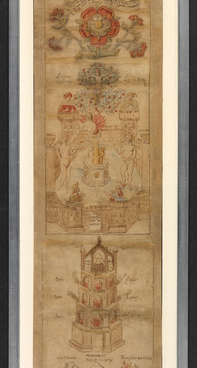 Una gran rosa roja y blanca, con otras cuatro rosas más pequeñas de perfil.- Las ramas superiores de un manzano, de las que cuelga una figura de Cristo (etiquetas a cada lado, 