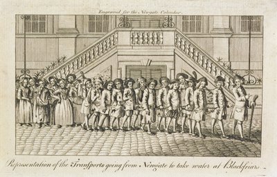 Una fila de convictos encadenados de la prisión de Newgate, Old Bailey, siendo llevados a Blackfriars para su transporte, c.1760 de English School