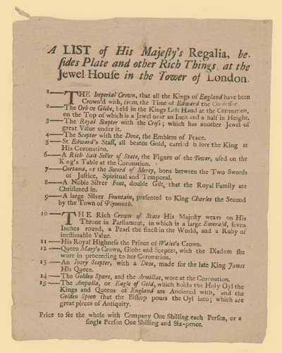 Una lista de las regalías de Su Majestad de English School