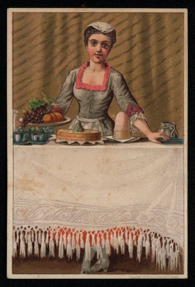 Una criada o sirvienta poniendo la mesa con comida, tarjeta de felicitación de English School