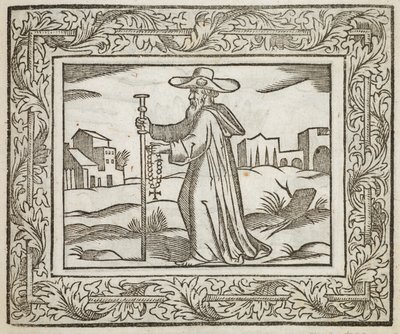 Un hombre que sostiene un bastón y un crucifijo, ilustración de 
