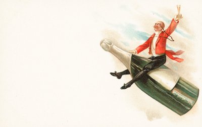 Un hombre montando en el cuello de una botella de champán de English School
