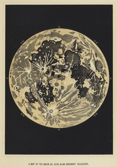 Un mapa de la luna visto en un telescopio ordinario de English School