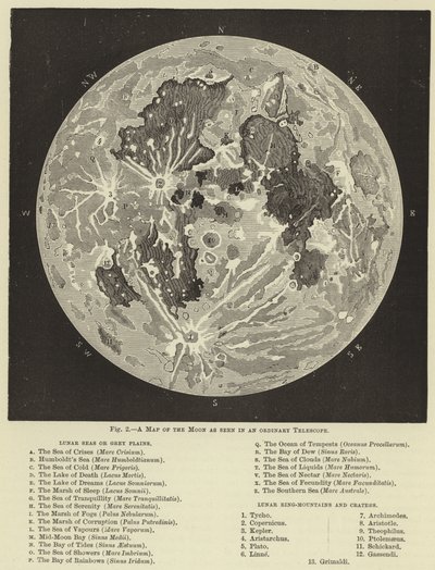 Un mapa de la luna visto en un telescopio ordinario de English School