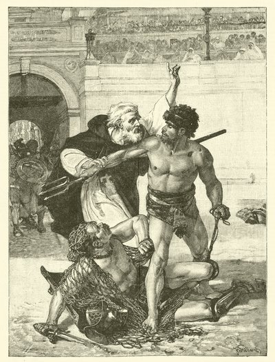 Un monje, Telémaco, intenta detener los juegos de gladiadores en el Coliseo, Roma (grabado) de English School