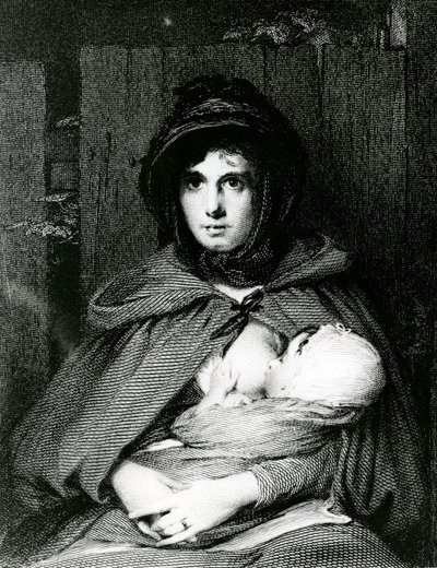 Una madre amamantando a su bebé (grabado) de English School