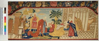Asiento de sofá bordado finamente en punto de tienda representando la Adoración de los Magos, c.1730 de English School