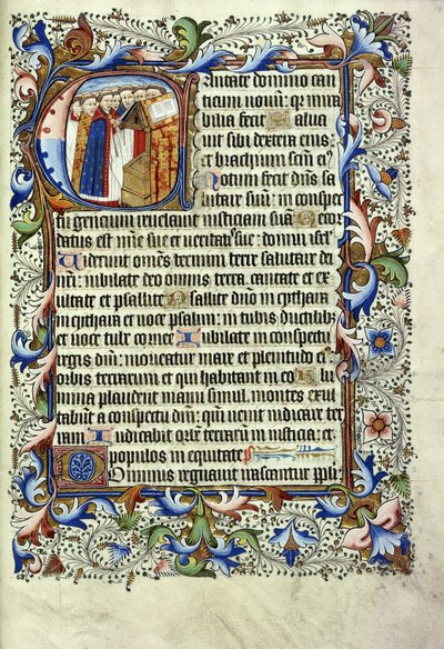 Una página de un salterio en latín, con una inicial historiada que representa a un grupo de monjes de pie ante un atril cantando, c.1455 de English School