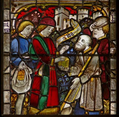 Un panel en la ventana este que representa las Obras de Misericordia: alimentar a los hambrientos de English School