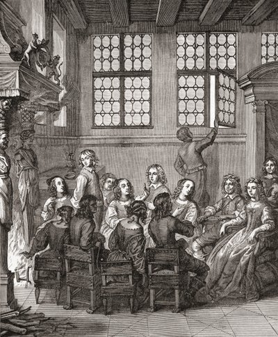 Una fiesta en la casa del Duque de Newcastle, frontispicio de Natures Pictures por Margaret, Duquesa de Newcastle, 1656, de A Short History of the English People por J. R. Green, publicado en 1893 de English School