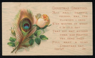 Una pluma de pavo real y una rosa, tarjeta de felicitación de Navidad de English School