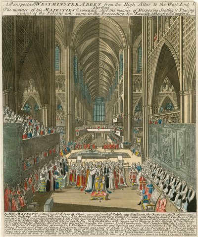Una perspectiva de la Abadía de Westminster desde el Altar Mayor hasta el extremo oeste en la Coronación del Rey Jacobo II de English School