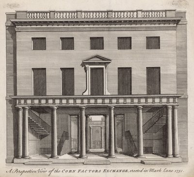 Vista en perspectiva de la Bolsa de Factores de Cereales, erigida en Mark Lane 1751 de English School