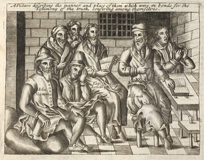 Una imagen que describe la manera y el lugar de aquellos que estaban en cadenas por el testimonio de la verdad, conferenciando entre ellos, ilustración de Hechos y Monumentos de John Foxe, novena edición, pub. 1684 de English School
