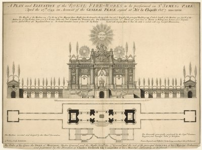 Un plan y elevación de los Fuegos Artificiales Reales a realizarse en el Parque de St James, 27 de abril de 1749 de English School