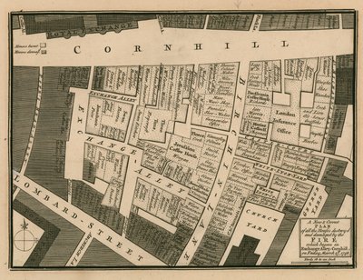 Plano de las casas destruidas en el incendio que comenzó en Exchange Alley, Cornhill, Londres, el 25 de marzo de 1748 de English School