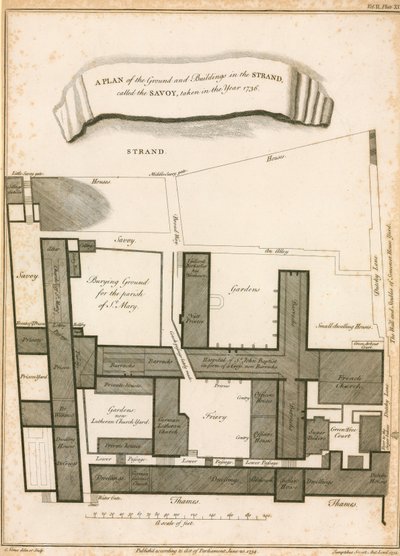 Un plano del terreno y edificios en el Strand llamado Savoy, tomado en el año 1736 de English School