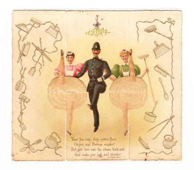 Tarjeta desplegable de un policía y dos mujeres haciendo la patada alta, c.1920 (litografía en color) de English School