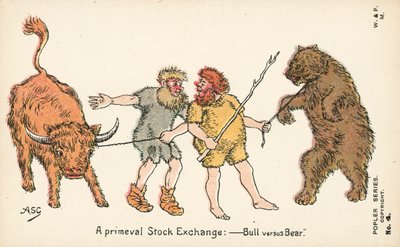 Una Bolsa primitiva - Toro contra Oso (litografía en color) de English School